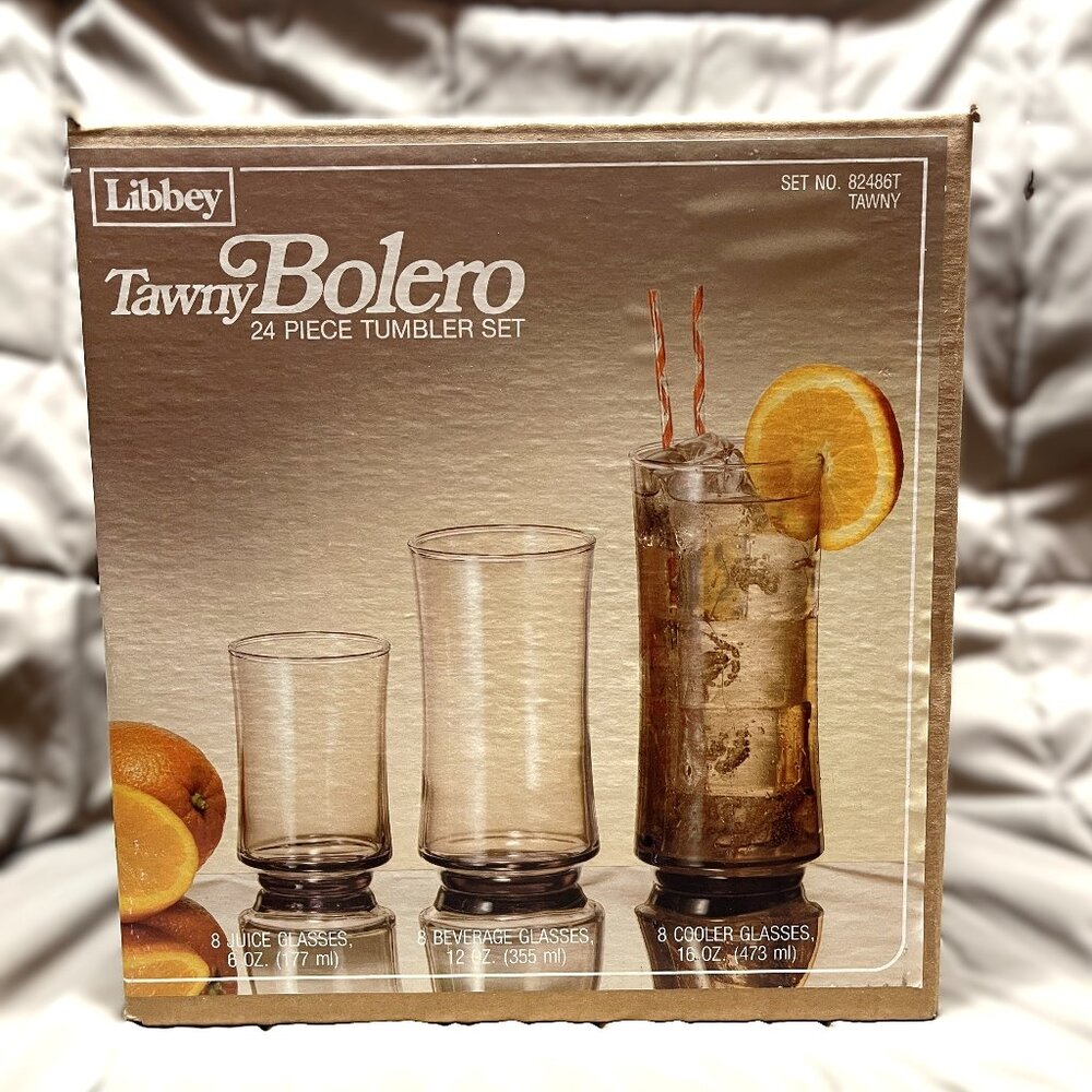 Vintage Libbey Tawny Bolero Smoke Brown 24 Piece Tumbler Set Glasses w/Box